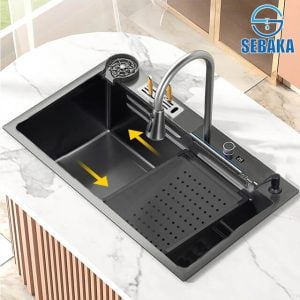 حوض المطبخ سمارت الديجيتال 75 × 45 سم لون اسود بالصرف و المشتملات من Raylamon Digital kitchen sink