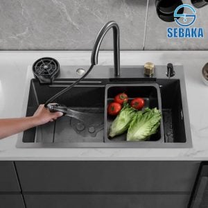 حوض المطبخ سمارت لايت التركية 75 × 45 سم بالصرف و المشتملات إستانلس سمك 3 مم ( اسود - فضي )