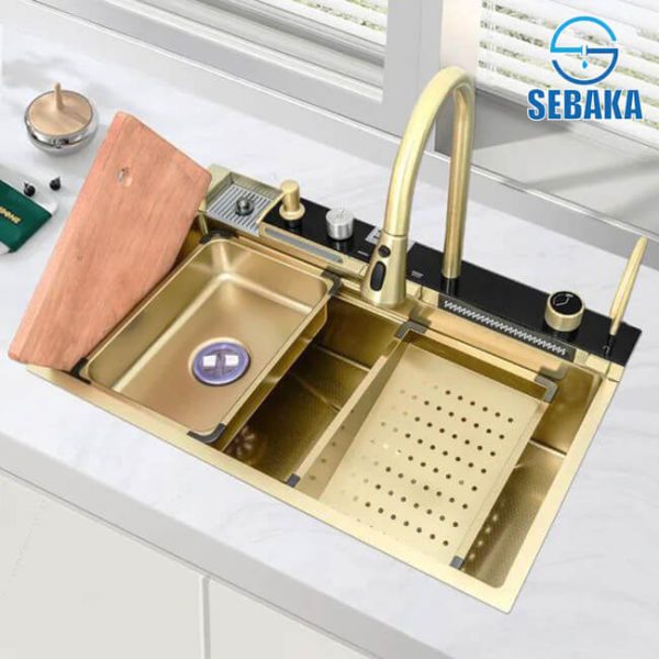 حوض المطبخ سمارت 5 زرار الذهبي الديجيتال 75 × 45 سم HENZ KOREA بالصرف و المشتملات 3 مم من Made In Korea