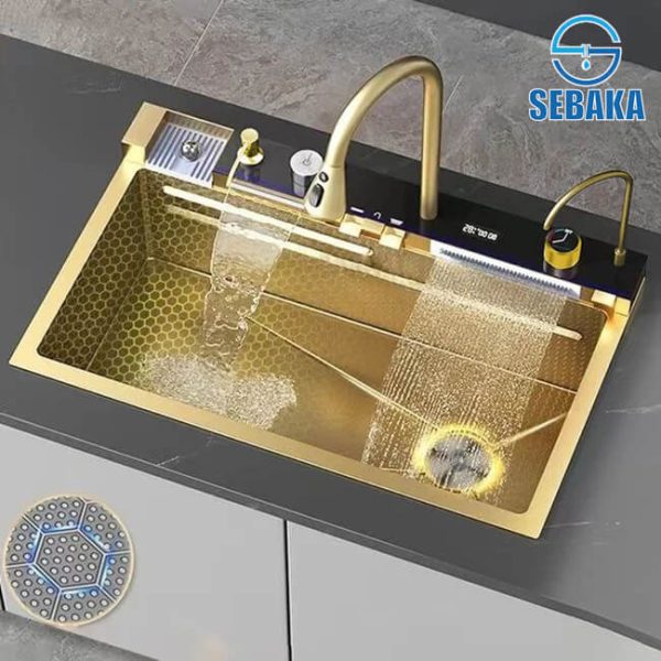 حوض المطبخ سمارت 5 زرار الذهبي الديجيتال 75 × 45 سم HENZ KOREA بالصرف و المشتملات 3 مم من Made In Korea