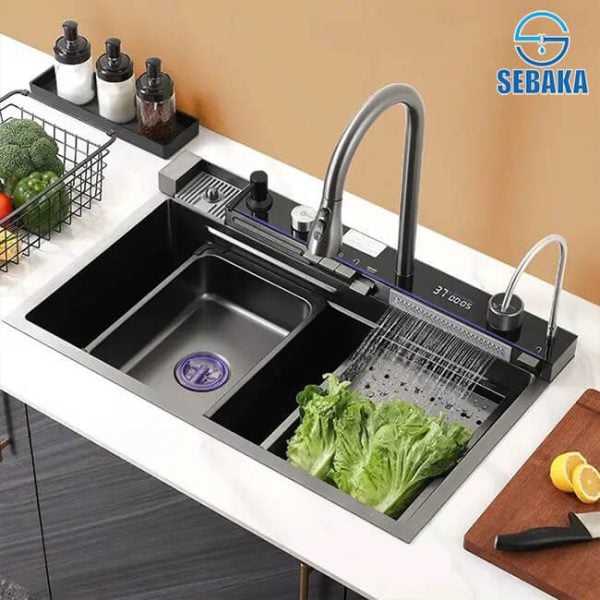 حوض المطبخ سمارت 5 زرار الديجيتال 75 × 45 سم لون اسود بالصرف و المشتملات 3 مم من التركية