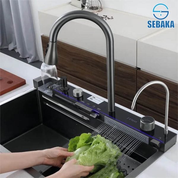 حوض المطبخ سمارت 5 زرار الديجيتال 75 × 45 سم لون اسود بالصرف و المشتملات 3 مم من التركية