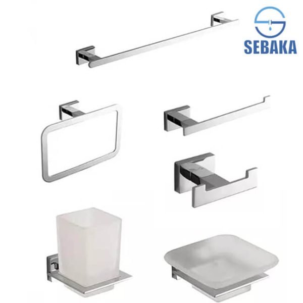 طقم إكسسوار الحمام سكوير 6 قطع لون فضي Square Chrome