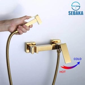 خلاط الشطاف الذهبي سكوير هاندميكسر سخن و بارد باليد النحاس و الخرطوم Square Gold