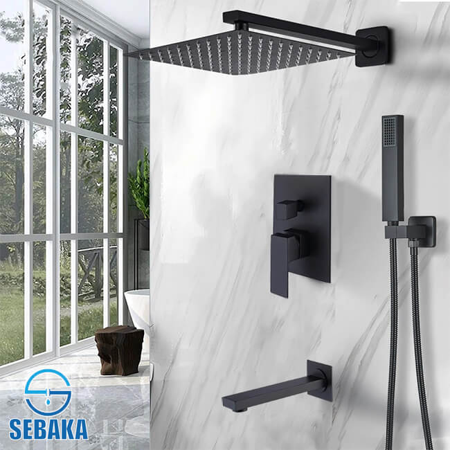 طقم شاور دفن الحمام الاسود لوكجوري بالخلاط و الطاسة و السماعة بالحامل و الخرطوم و الصباب السفلي Luxury Shower System طقم شاور دفن الحمام الاسود لوكجوري بالطاسة و السماعة بالحامل و الخرطوم و الصباب السفلي Luxury Shower System - شاور مدفون داخل الحائط الاسود - شاور الحمام السوداء