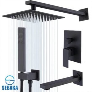 طقم شاور دفن الحمام الاسود لوكجوري بالطاسة و السماعة بالحامل و الخرطوم و الصباب السفلي Luxury Shower System - شاور مدفون داخل الحائط الاسود - شاور الحمام السوداء