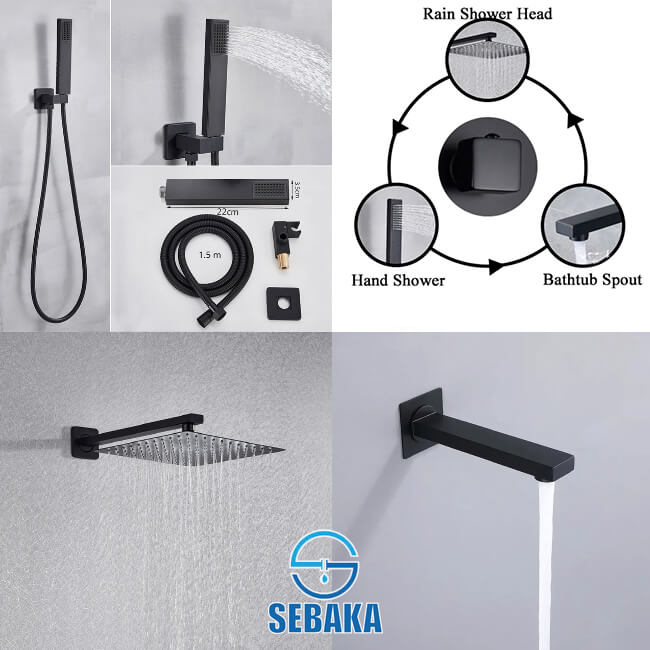 طقم شاور دفن الحمام الاسود لوكجوري بالخلاط و الطاسة و السماعة بالحامل و الخرطوم و الصباب السفلي Luxury Shower System طقم شاور دفن الحمام الاسود لوكجوري بالطاسة و السماعة بالحامل و الخرطوم و الصباب السفلي Luxury Shower System - شاور مدفون داخل الحائط الاسود - شاور الحمام السوداء