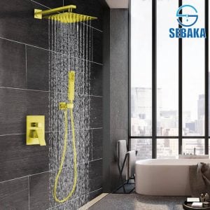 طقم شاور دفن الحمام الذهبي لوكجوري بالخلاط و الطاسة و السماعة بالحامل و الخرطوم و الصباب السفلي Luxury Shower System