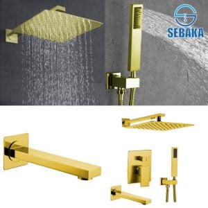 طقم شاور دفن الحمام الذهبي لوكجوري بالخلاط و الطاسة و السماعة بالحامل و الخرطوم و الصباب السفلي Luxury Shower System