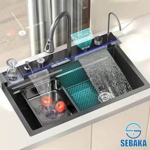 حوض المطبخ 5 زرار سمارت الأسباني الديجيتال 75 × 45 سم لون اسود بالصرف و المشتملات 3 مم Made In Spain