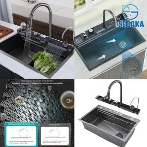 حوض المطبخ 5 زرار سمارت الأسباني الديجيتال 75 × 45 سم لون اسود بالصرف و المشتملات 3 مم Made In Spain