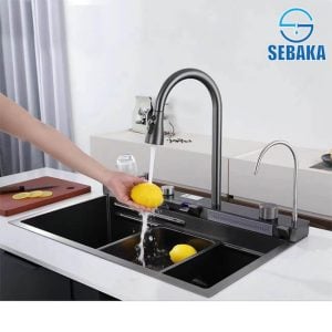 حوض المطبخ الاقتصادي سمارت 5 زرار الديجيتال 75 × 45 سم لون اسود بالصرف و المشتملات