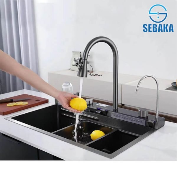 حوض المطبخ الاقتصادي سمارت 5 زرار الديجيتال 75 × 45 سم لون اسود بالصرف و المشتملات