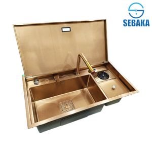 حوض المطبخ هاندميد بيلت إن 85×47سم روزجولد سمارت بالخلاط و الغطاء القابل للطي سوفت كلوز Handmade Built In استانلس 304