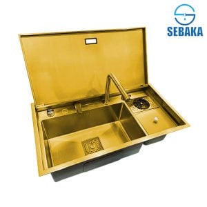 حوض المطبخ هاندميد بيلت إن 85×47سم الذهبي سمارت بالخلاط و الغطاء القابل للطي سوفت كلوز Handmade Built In