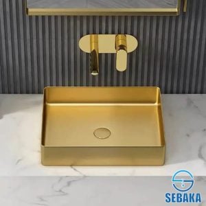 حوض حمام استانلس ذهبي مستطيل 50 × 35 سم فوق الرخام أو سطح أفقي بالطابق التاتش استانلس 304