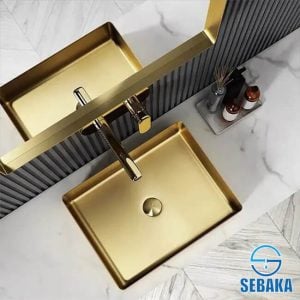 حوض حمام استانلس ذهبي مستطيل 50 × 35 سم فوق الرخام أو سطح أفقي بالطابق التاتش استانلس 304