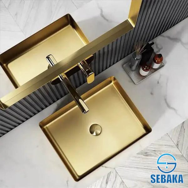 حوض حمام استانلس ذهبي مستطيل 50 × 35 سم فوق الرخام أو سطح أفقي بالطابق التاتش استانلس 304