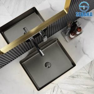 حوض حمام استانلس اسود مستطيل 50 × 35 سم فوق الرخام أو سطح أفقي بالطابق التاتش استانلس 304