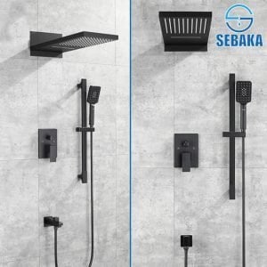 طقم شاور دفن الحمام الاسود بريميوم بالخلاط و الطاسة الشلال و السماعة بالحامل و الخرطوم و الصباب السفلي Premium Shower System