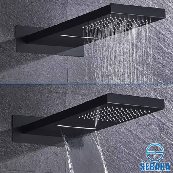 طقم شاور دفن الحمام الاسود بريميوم بالخلاط و الطاسة الشلال و السماعة بالحامل و الخرطوم و الصباب السفلي Premium Shower System