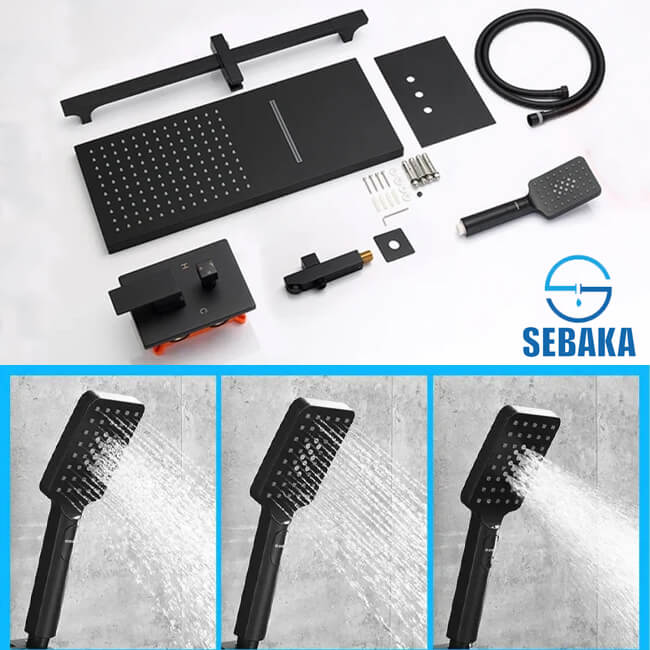 طقم شاور دفن الحمام الاسود بريميوم بالخلاط و الطاسة الشلال و السماعة بالحامل و الخرطوم و الصباب السفلي Premium Shower System طقم شاور دفن الحمام الاسود بريميوم بالخلاط و الطاسة الشلال و السماعة بالحامل و الخرطوم و الصباب السفلي Premium Shower System