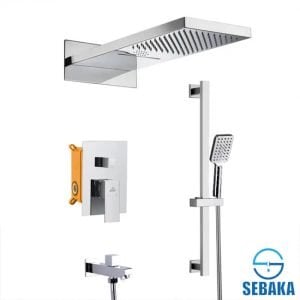 طقم شاور دفن الحمام الفضي بريميوم بالخلاط و الطاسة الشلال و السماعة بالحامل و الخرطوم و الصباب السفلي Premium Shower System