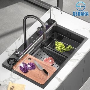 حوض المطبخ سمارت 7 زرار الديجيتال 75 × 45 سم الاقتصادي لون اسود بالصرف و المشتملات