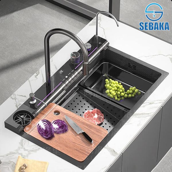 حوض المطبخ سمارت 7 زرار الديجيتال 75 × 45 سم الاقتصادي لون اسود بالصرف و المشتملات