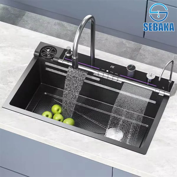 حوض المطبخ سمارت 7 زرار الديجيتال 75 × 45 سم الاقتصادي لون اسود بالصرف و المشتملات