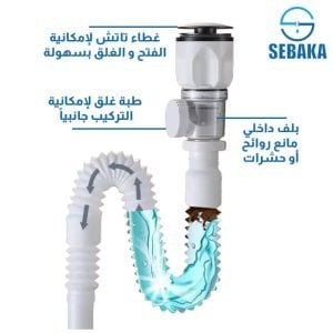 سيفون صرف حوض الحمام التاتش بوصة ونص مزود ببلف عدم رجوع قابل للتركيب عمودي أو جانبي