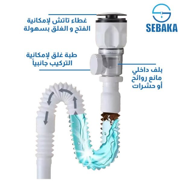 سيفون صرف حوض الحمام التاتش بوصة ونص مزود ببلف عدم رجوع قابل للتركيب عمودي أو جانبي
