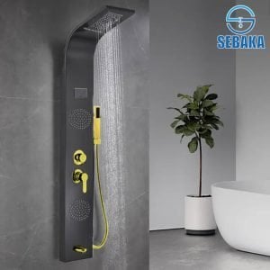 شاور بانل هانز ميكس لون اسود مط في ذهبي لامع 5×1 بالشاشة الديجيتال و اضاءة علوية و الشلال HANZ Mix Shower Panel