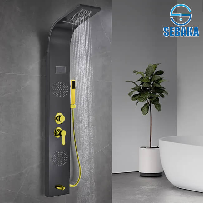 شاور بانل هانز ميكس لون اسود مط في ذهبي لامع 5×1 بالشاشة الديجيتال و اضاءة علوية و الشلال HANZ Mix Shower Panel شاور بانل هانز ميكس لون اسود مط في ذهبي لامع 5×1 بالشاشة الديجيتال و اضاءة علوية و الشلال HANZ Mix Shower Panel