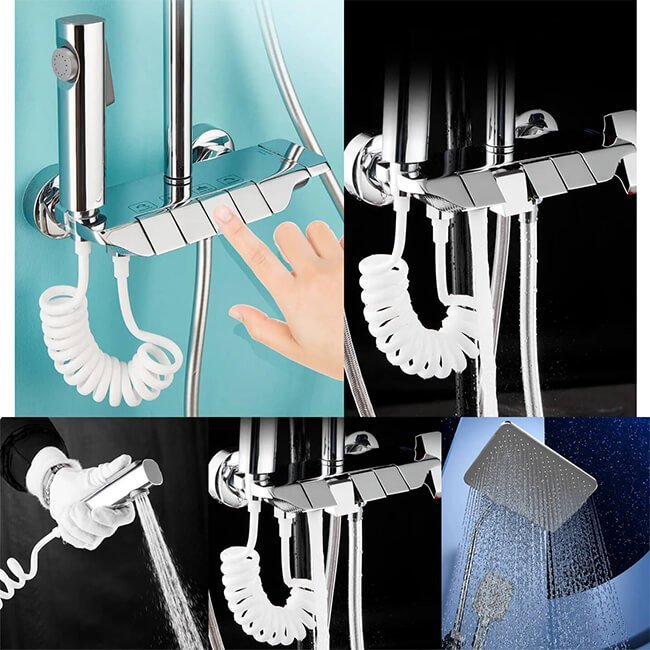 مسطرة الدش كروم بالخلاط و السماعة و يد رشاش لون فضي 4*1 Chrome Shower Set مسطرة الدش كروم بالخلاط و السماعة و يد رشاش لون فضي 4*1 Chrome Shower Set