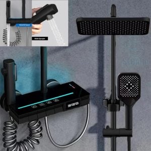 مسطرة الدش بيتا بالخلاط و الشاشة الديجيتال و الليد و السماعة و يد رشاش لون اسود 4*1 Beta Black