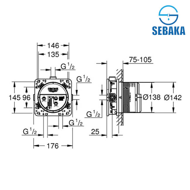 جسم رابيدو سمارت بوكس لخلاط الدش/البانيو الدفن 3 مخرج من جروهي Rapido SmartBox GROHE 356 (طلب مسبق) جسم رابيدو سمارت بوكس لخلاط الدش/البانيو الدفن 3 مخرج من جروهي Rapido SmartBox GROHE 356