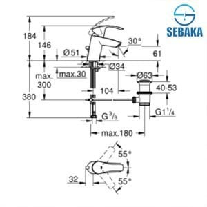خلاط حوض يوروسمارت من جروهي بطابق و فايظ 3326520 GROHE EUROSMART