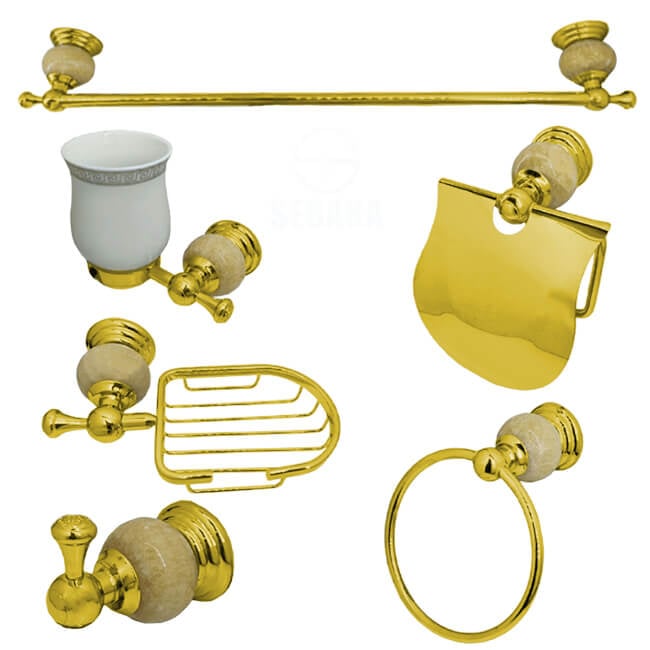 طقم اكسسوار الحمام الرخامي لون ذهبي 6 قطع Golden Marble