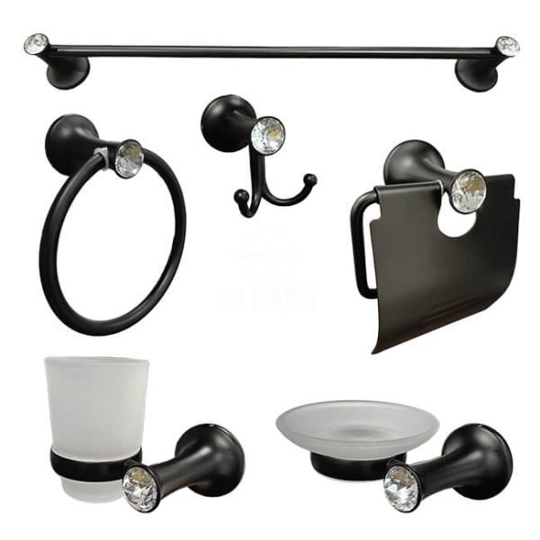 طقم إكسسوار الحمام جواهر لون اسود 6 قطعة Bath Accessories Black