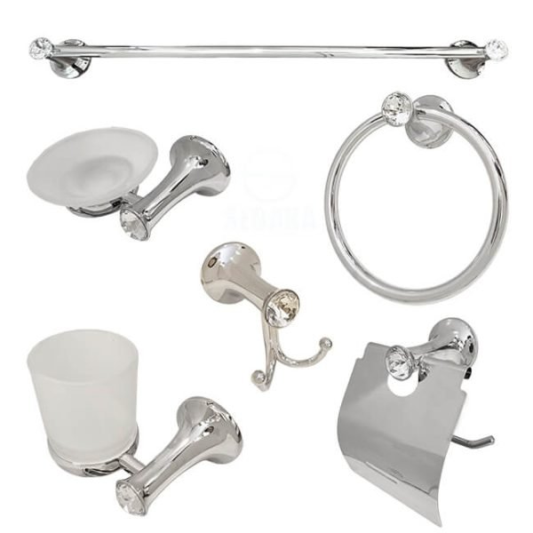 طقم إكسسوار الحمام جواهر لون فضي 6 قطعة Bath Accessories Gawaher