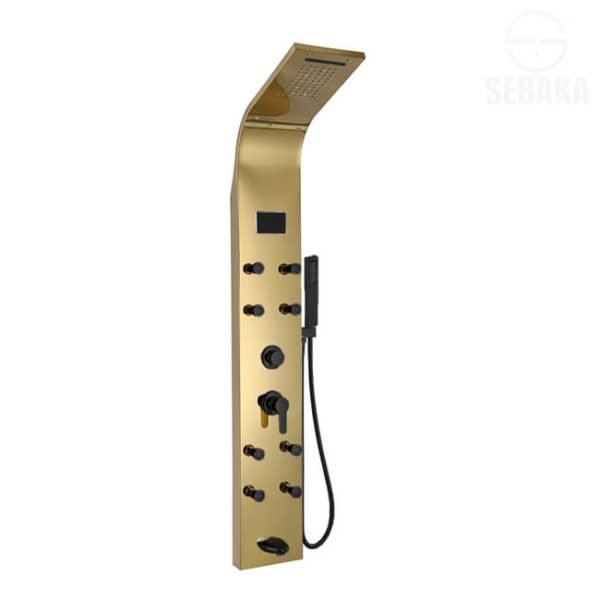 شاور بانل هانز 8جيت لون ذهبي لامع في اسود مط 5×1 بالشاشة الديجيتال و اضاءة علوية و الشلال HANZ Mix Shower Panel