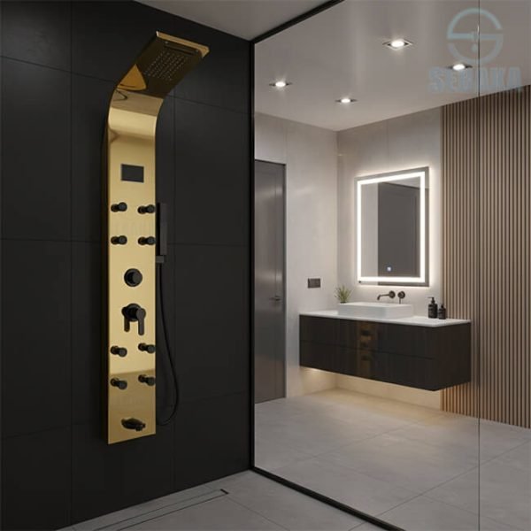 شاور بانل هانز 8جيت لون ذهبي لامع في اسود مط 5×1 بالشاشة الديجيتال و اضاءة علوية و الشلال HANZ Mix Shower Panel