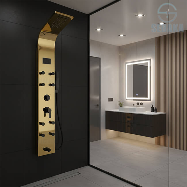 شاور بانل هانز 8جيت لون ذهبي لامع في اسود مط 5×1 بالشاشة الديجيتال و اضاءة علوية و الشلال HANZ Mix Shower Panel شاور بانل هانز 8جيت لون ذهبي لامع في اسود مط 5×1 بالشاشة الديجيتال و اضاءة علوية و الشلال HANZ Mix Shower Panel