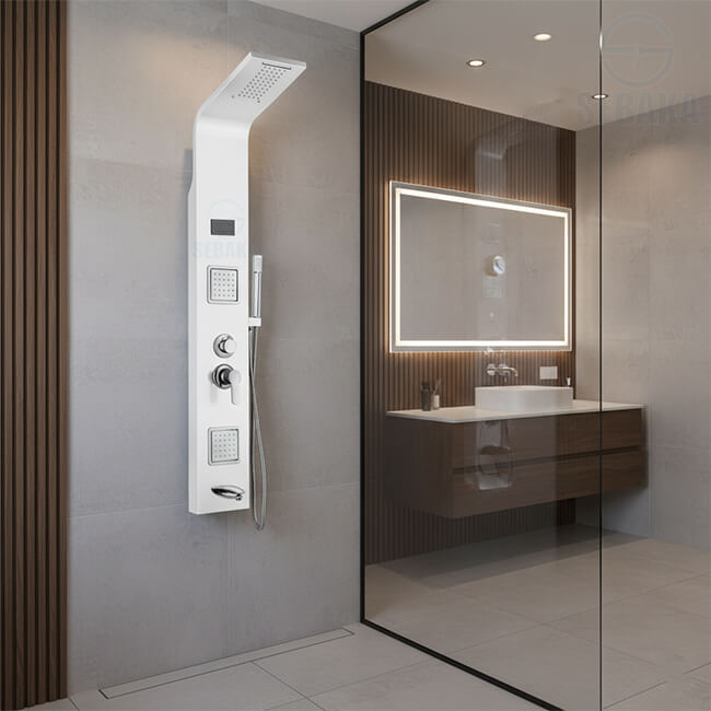 شاور بانل هانز ميكس لون ابيض 5×1 بالشاشة الديجيتال و اضاءة علوية و الشلال HANZ Mix Shower Panel شاور بانل هانز ميكس لون ابيض 5×1 بالشاشة الديجيتال و اضاءة علوية و الشلال HANZ Mix Shower Panel