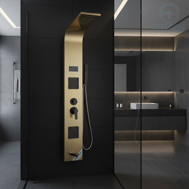 شاور بانل هانز ميكس لون ذهبي لامع في اسود مط 5×1 بالشاشة الديجيتال و اضاءة علوية و الشلال HANZ Mix Shower Panel شاور بانل هانز ميكس لون ذهبي لامع في اسود مط 5×1 بالشاشة الديجيتال و اضاءة علوية و الشلال HANZ Mix Shower Panel