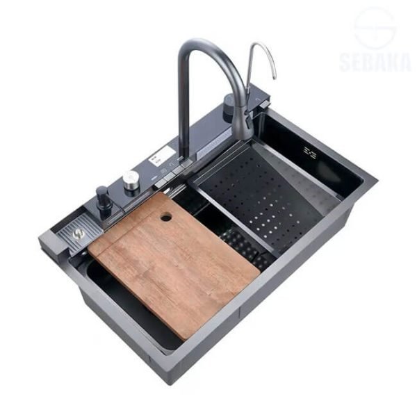 حوض المطبخ سمارت 80 × 45 سم 5 زرار الديجيتال لون اسود بالصرف و المشتملات Digital Kitchen Sink