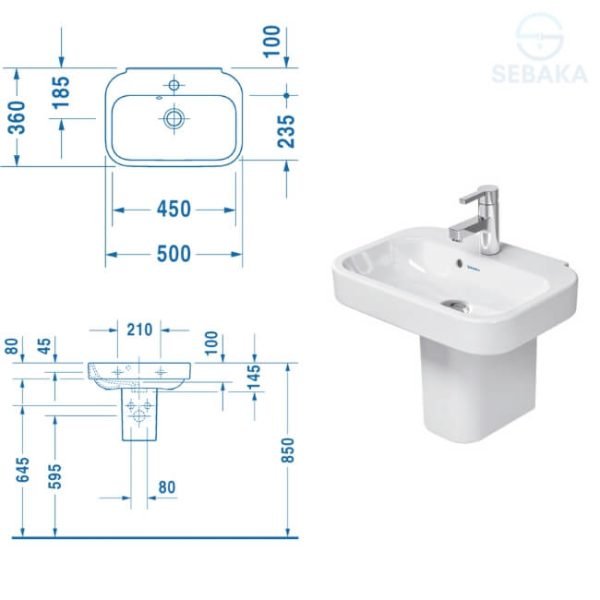 حوض هابي دي 50*36 سم ديورافيت كود 070950 ركبة معلقة Happy D.2 Duravit
