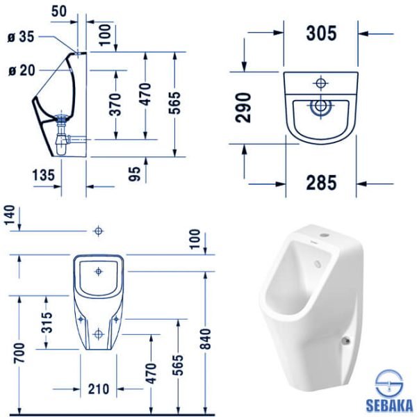 مبولة ديورافيت دي كود 082830 تغذية علوية بالدوش والصرف لون أبيض Duravit D-Code Urinal