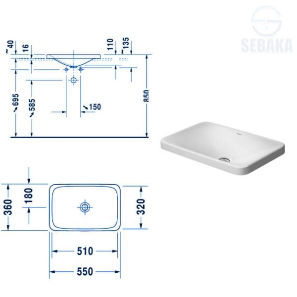 حوض كونترتوب بي ثري 55*36 سم ساقط في الرخام لون أبيض 037755 من ديورافيت P3 Comforts Duravit